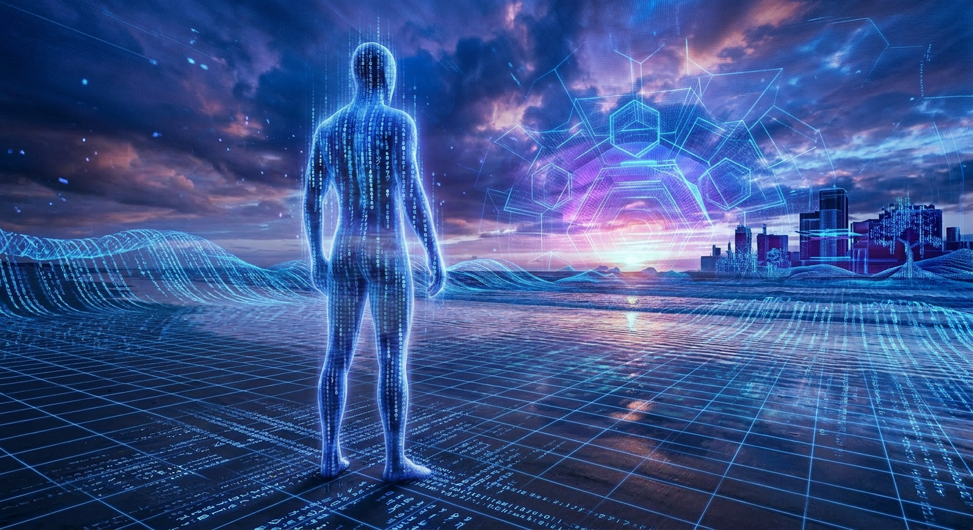 A figure with a human-like upper body of green digital code and lower body of entwined vines and leaves walking on a beach at sunset.