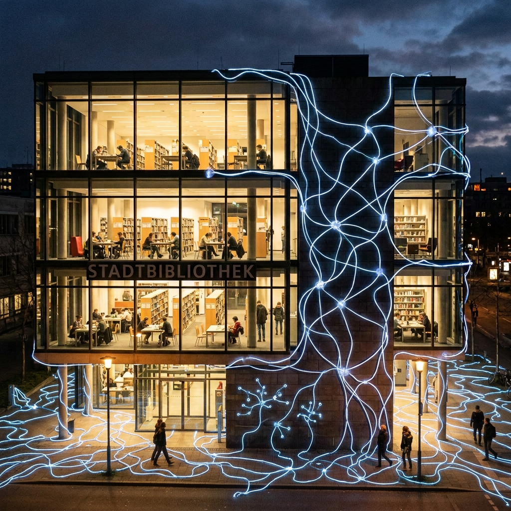 Stadtbibliothek mit Lesenden und leuchtender Fassade
