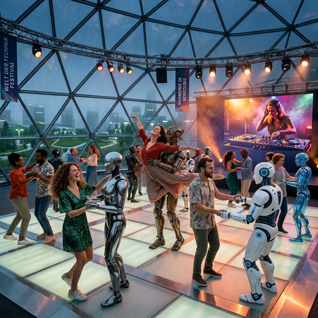People dancing with humanoid robots at the Welt der Technik Festival