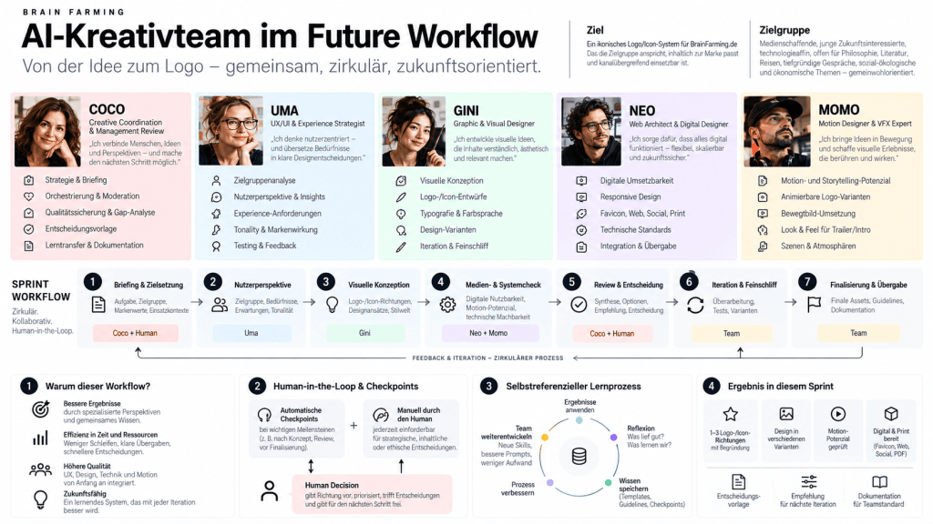 AI-Kreativteam im Future Workflow mit Rollen, Sprintphasen, Human-in-the-Loop und Lernprozess