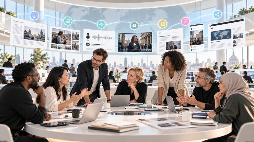 Internationales Redaktionsteam diskutiert an einem runden Tisch in einem offenen Newsroom; digitale Anzeigen zeigen vernetzte Text-, Bild-, Audio-, Video- und Social-Media-Workflows.