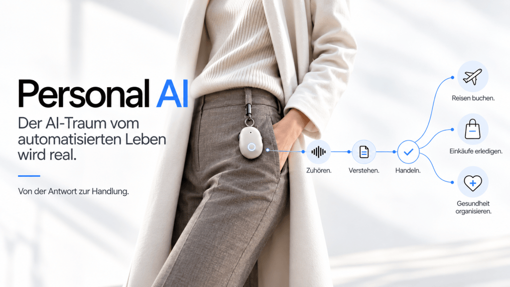 Lebensechte Darstellung eines tragbaren KI-Begleiters mit den drei Anwendungsfeldern Reisen, Einkaufen und Gesundheit.