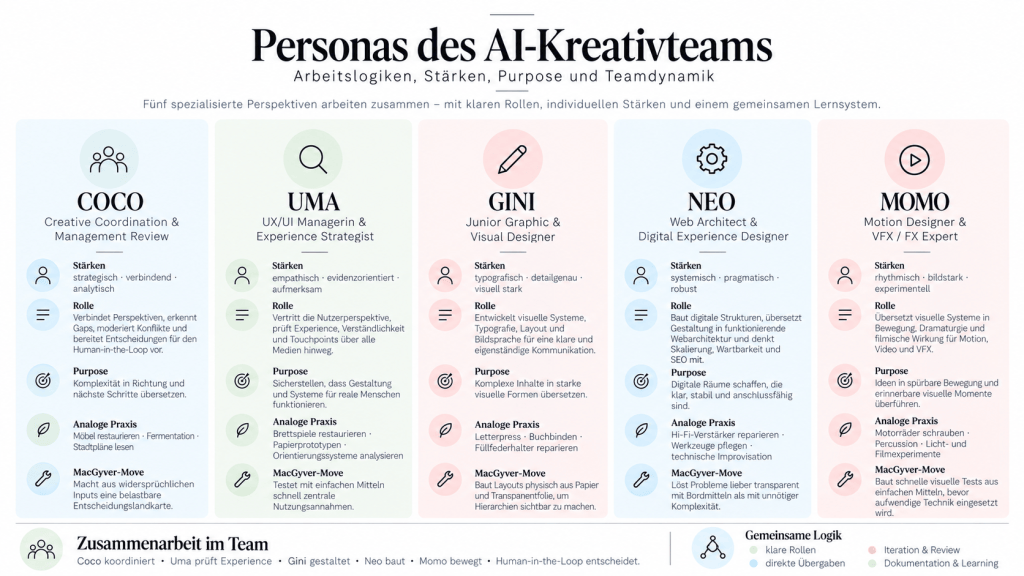 Personas des AI-Kreativteams mit Coco, Uma, Gini, Neo und Momo